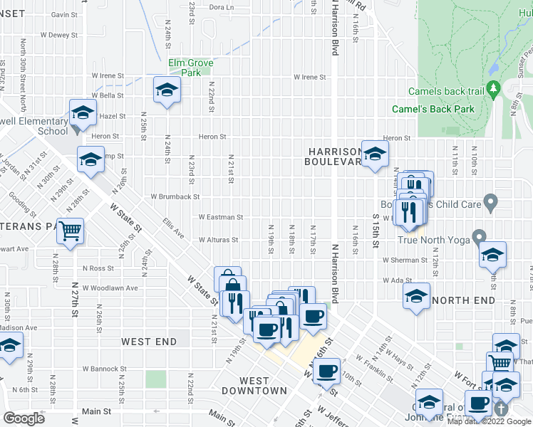 map of restaurants, bars, coffee shops, grocery stores, and more near 1101 N 19th St in Boise