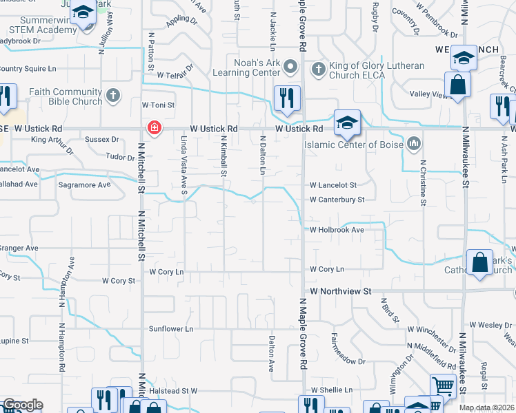 map of restaurants, bars, coffee shops, grocery stores, and more near 9191 West Kingsgate Court in Boise