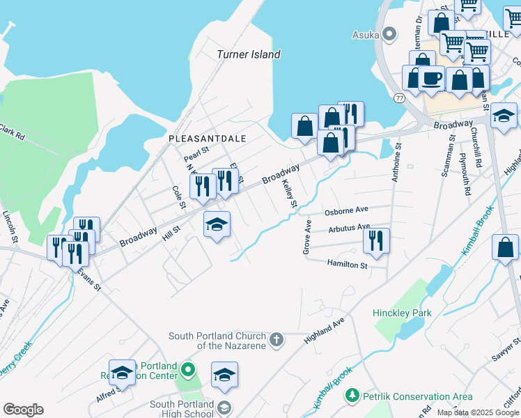 map of restaurants, bars, coffee shops, grocery stores, and more near 250 Elm Street in South Portland