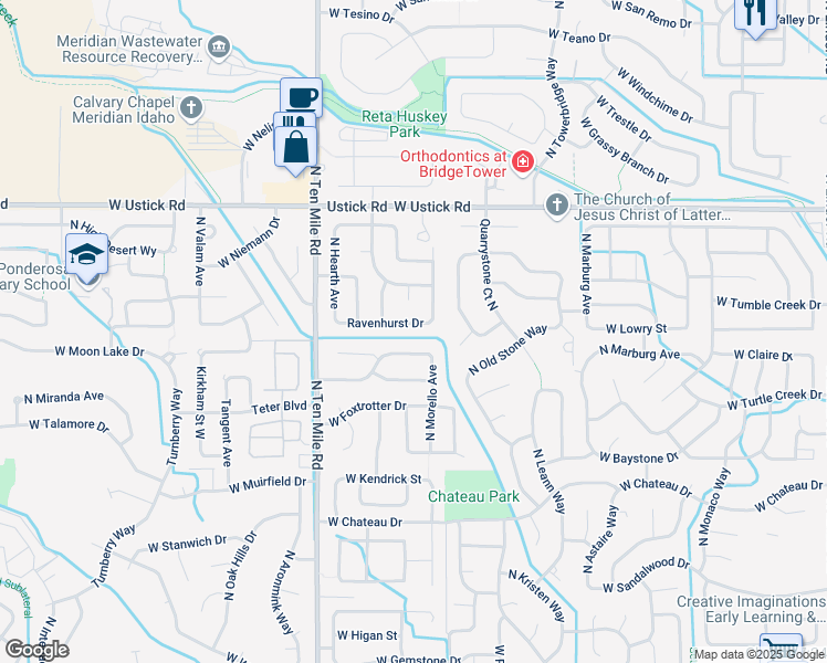 map of restaurants, bars, coffee shops, grocery stores, and more near 2911 West Ravenhurst Street in Meridian