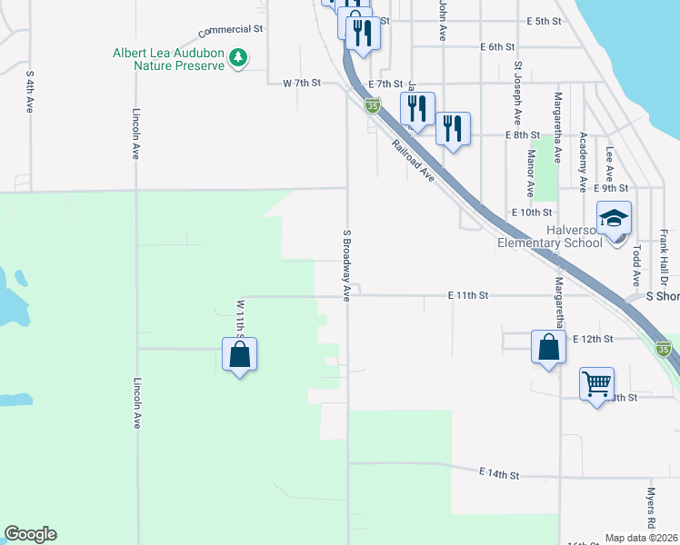 map of restaurants, bars, coffee shops, grocery stores, and more near 1660 South Broadway Avenue in Albert Lea