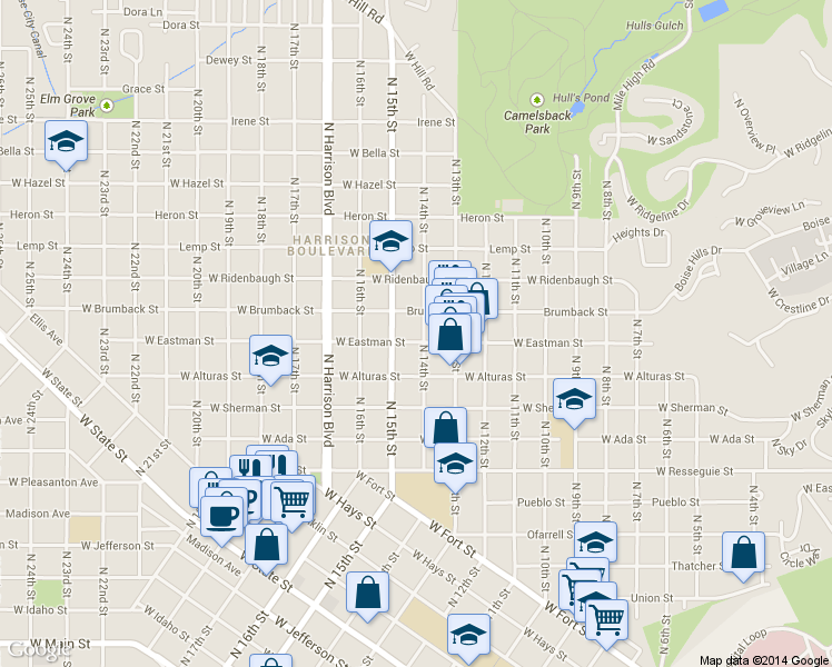 map of restaurants, bars, coffee shops, grocery stores, and more near 1406 Eastman St in Boise