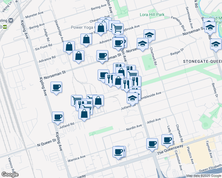 map of restaurants, bars, coffee shops, grocery stores, and more near 30 Titan Road in Toronto