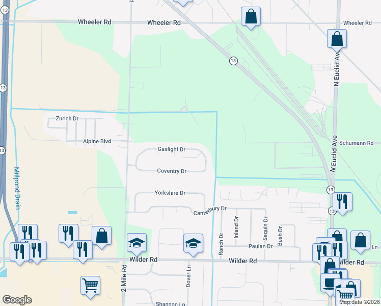 map of restaurants, bars, coffee shops, grocery stores, and more near 3126 Gaslight Drive in Bay City