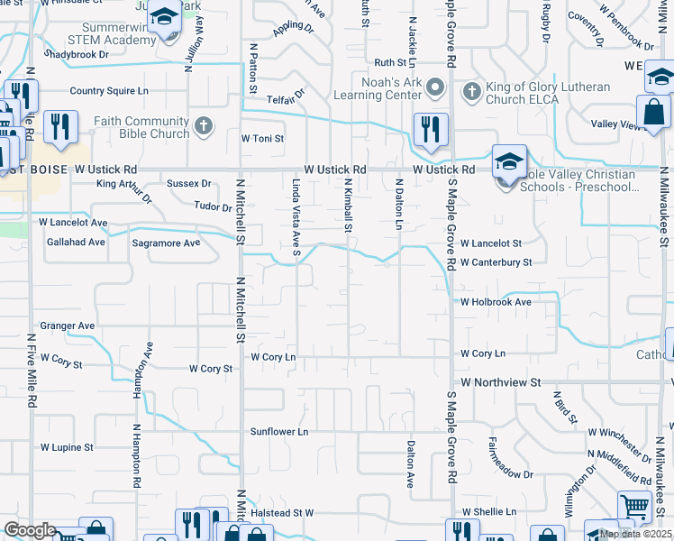 map of restaurants, bars, coffee shops, grocery stores, and more near 2851 North Kimball Street in Boise