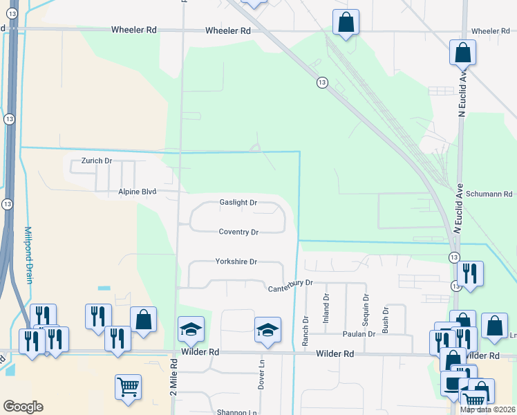 map of restaurants, bars, coffee shops, grocery stores, and more near 3126 Gaslight Drive in Bay City