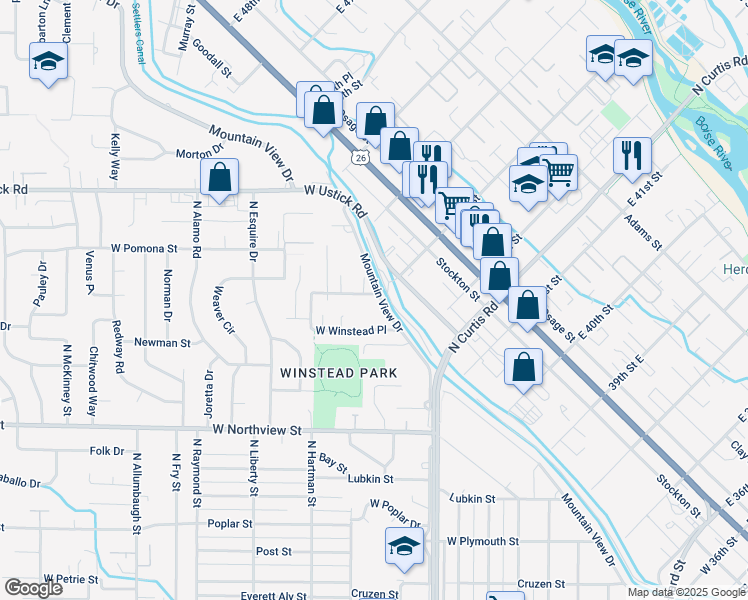 map of restaurants, bars, coffee shops, grocery stores, and more near 2801 Mountain View Drive in Boise