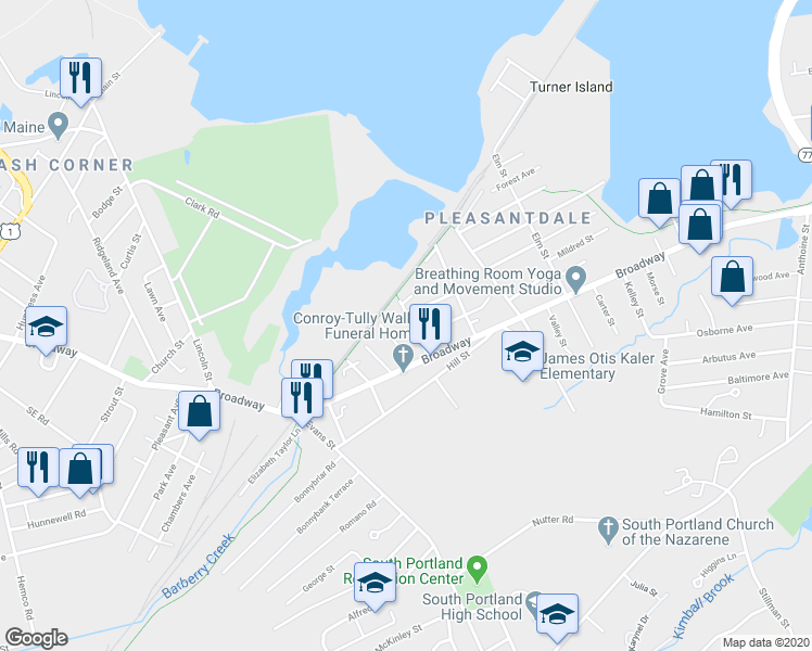 map of restaurants, bars, coffee shops, grocery stores, and more near 15 Latham Street in South Portland