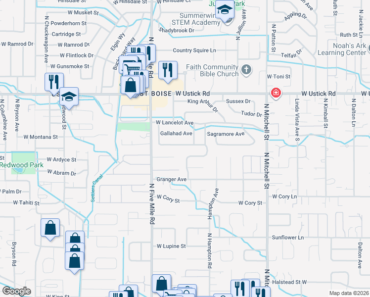 map of restaurants, bars, coffee shops, grocery stores, and more near 10385 Excalibur Avenue in Boise