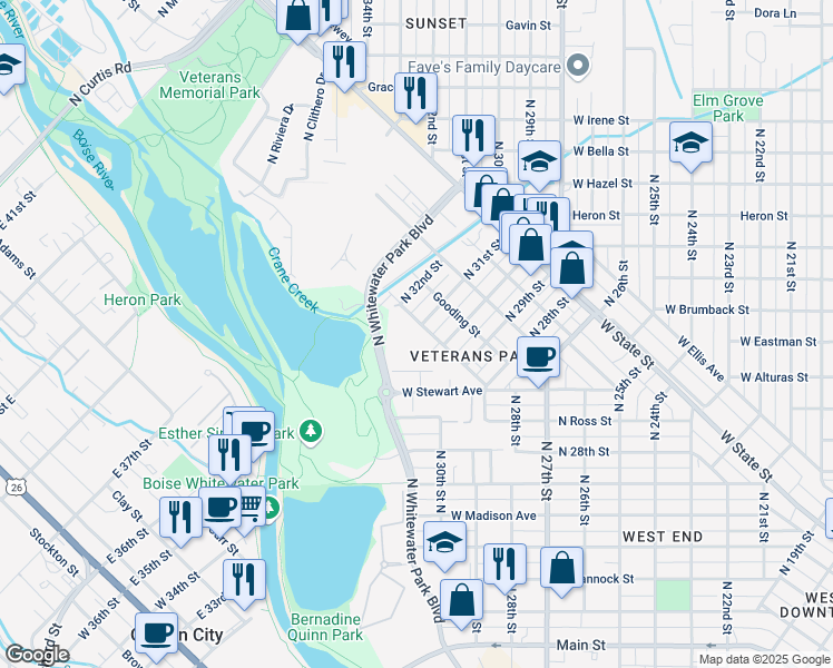 map of restaurants, bars, coffee shops, grocery stores, and more near 3019 West Moore Street in Boise