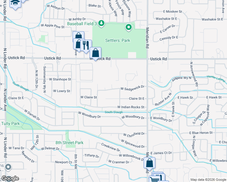 map of restaurants, bars, coffee shops, grocery stores, and more near 377 West Sedgewick Drive in Meridian
