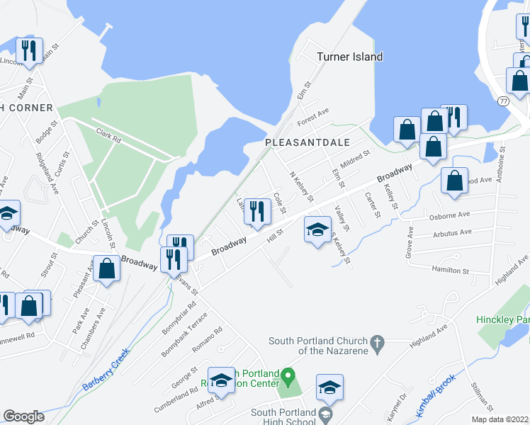 map of restaurants, bars, coffee shops, grocery stores, and more near 35 Reynolds St in South Portland