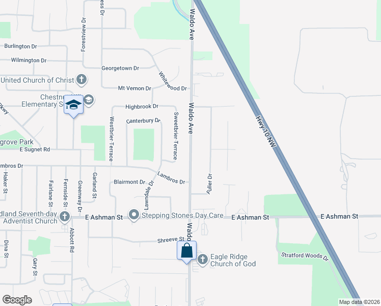 map of restaurants, bars, coffee shops, grocery stores, and more near 3605 Waldo Avenue in Midland