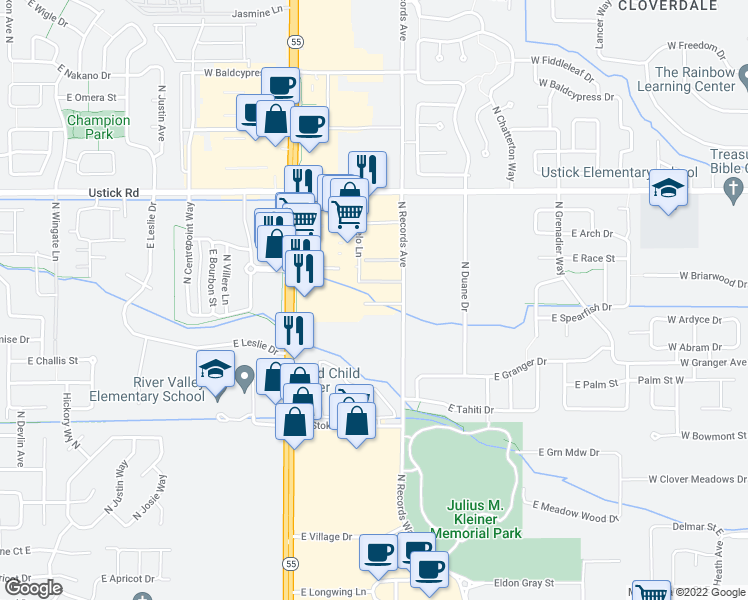 map of restaurants, bars, coffee shops, grocery stores, and more near 3495 East Modelo Lane in Meridian
