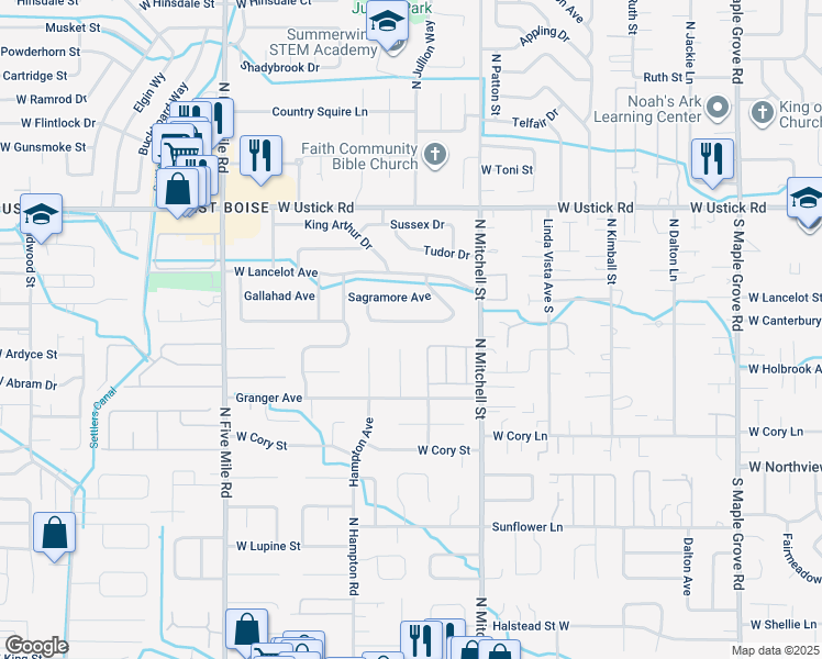 map of restaurants, bars, coffee shops, grocery stores, and more near 10065 West Canterbury Drive in Boise