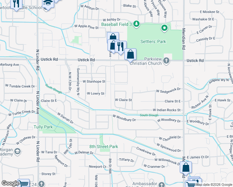 map of restaurants, bars, coffee shops, grocery stores, and more near 749 West Sedgewick Drive in Meridian
