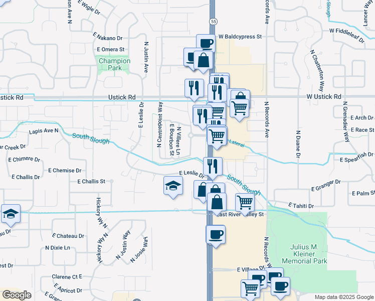map of restaurants, bars, coffee shops, grocery stores, and more near 2829 North Cajun Lane in Meridian