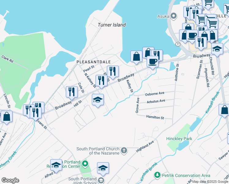 map of restaurants, bars, coffee shops, grocery stores, and more near 250 Elm Street in South Portland