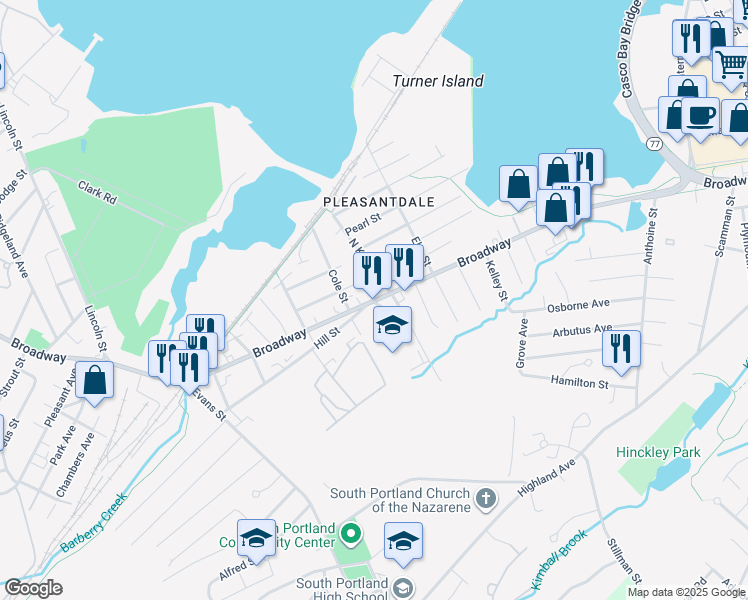 map of restaurants, bars, coffee shops, grocery stores, and more near 918 Broadway in South Portland