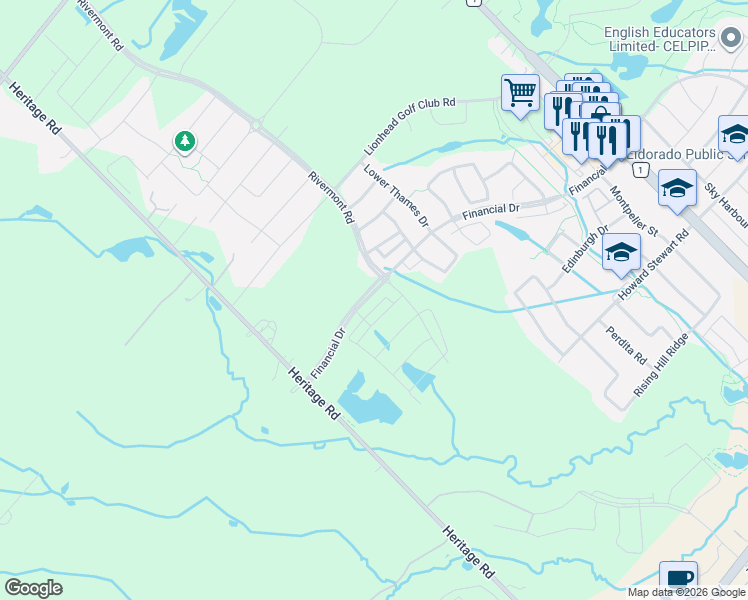 map of restaurants, bars, coffee shops, grocery stores, and more near 8652 Financial Drive in Brampton