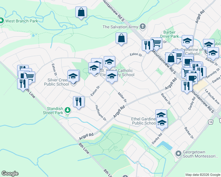 map of restaurants, bars, coffee shops, grocery stores, and more near 39 Miller Drive in Halton Hills