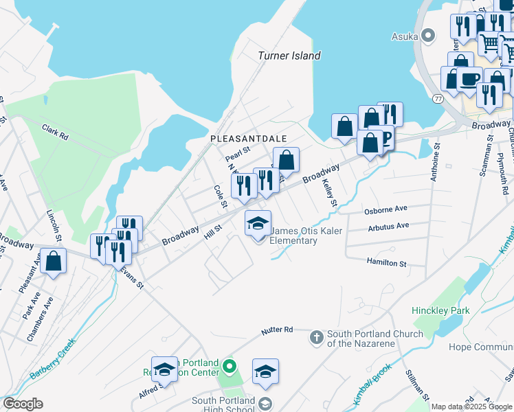 map of restaurants, bars, coffee shops, grocery stores, and more near 918 Broadway in South Portland