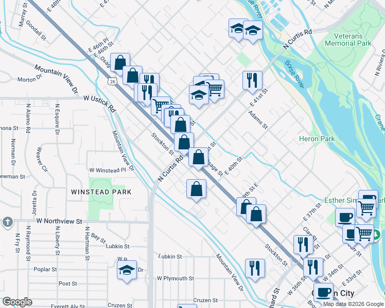 map of restaurants, bars, coffee shops, grocery stores, and more near 102 East 41st Street in Boise