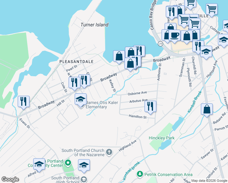 map of restaurants, bars, coffee shops, grocery stores, and more near 39 Kelley Street in South Portland