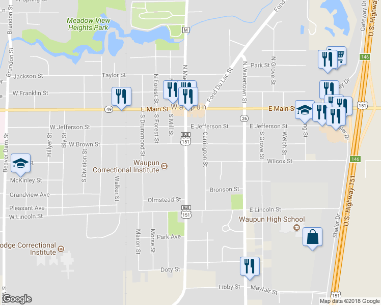 map of restaurants, bars, coffee shops, grocery stores, and more near 215 South Madison Street in Waupun