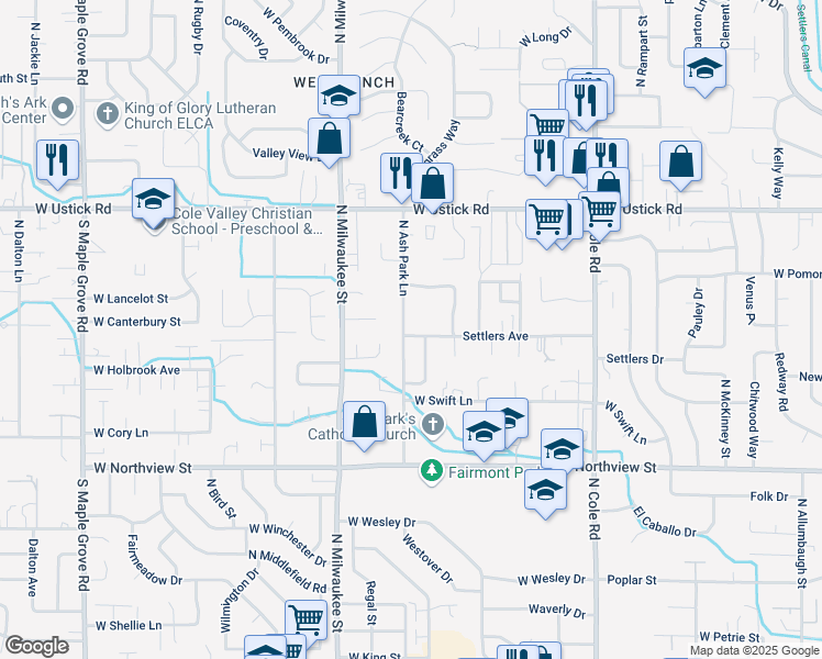 map of restaurants, bars, coffee shops, grocery stores, and more near 2806 North Ash Park Lane in Boise