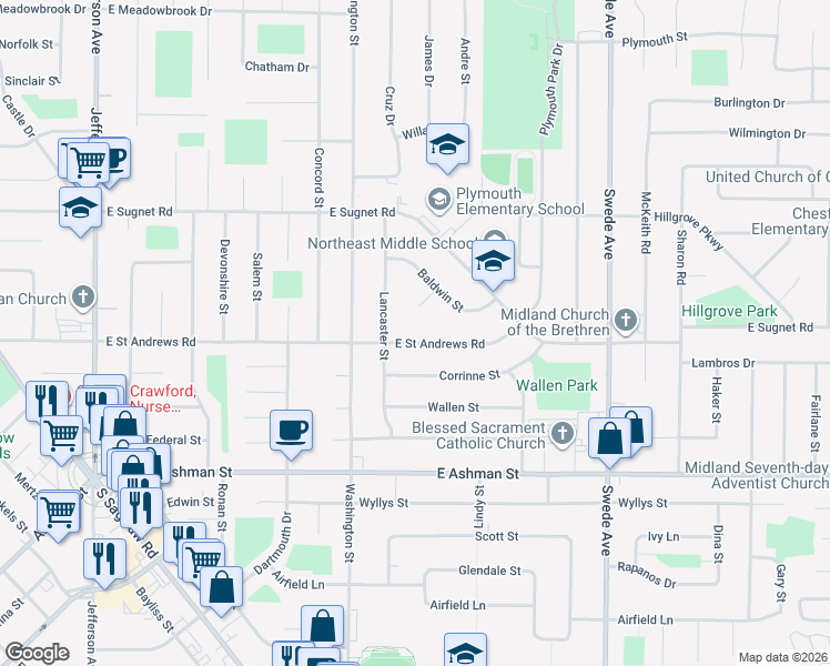 map of restaurants, bars, coffee shops, grocery stores, and more near 1017 East Saint Andrews Road in Midland