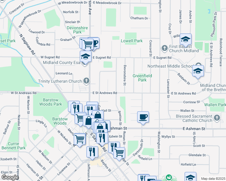 map of restaurants, bars, coffee shops, grocery stores, and more near 305 East Saint Andrews Road in Midland