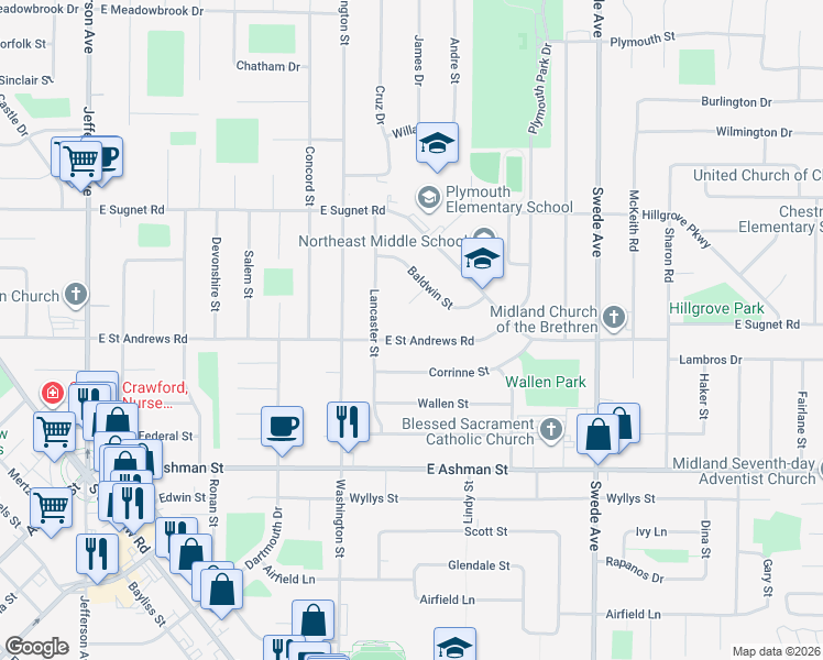 map of restaurants, bars, coffee shops, grocery stores, and more near 1017 East Saint Andrews Road in Midland