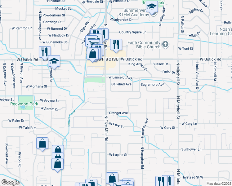 map of restaurants, bars, coffee shops, grocery stores, and more near 10515 Excalibur Avenue in Boise