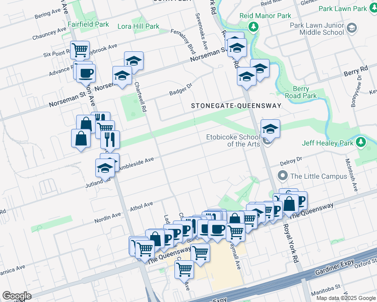 map of restaurants, bars, coffee shops, grocery stores, and more near 45 Ambleside Avenue in Toronto