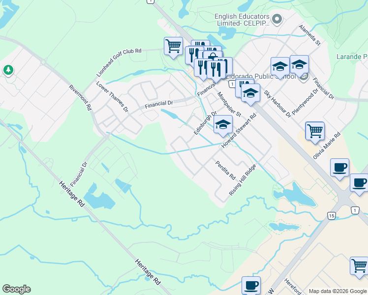 map of restaurants, bars, coffee shops, grocery stores, and more near 39 Little Britain Crescent in Brampton