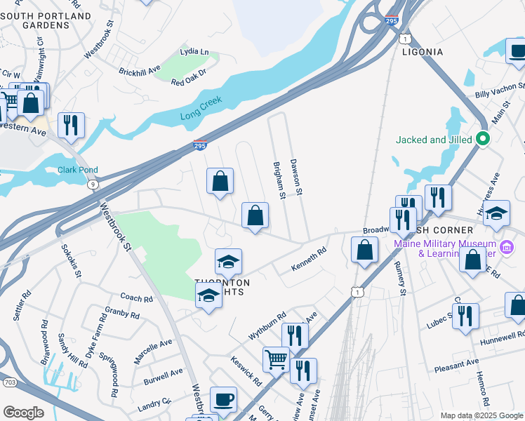 map of restaurants, bars, coffee shops, grocery stores, and more near 224 Fellows Street in South Portland