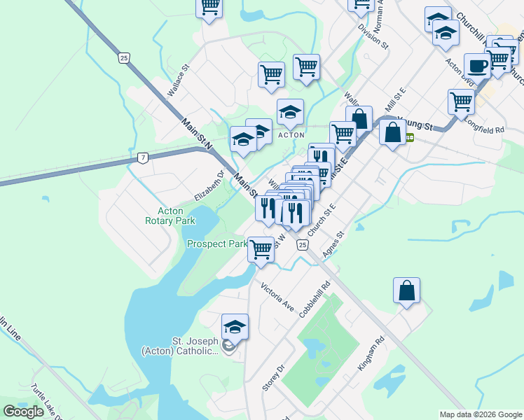 map of restaurants, bars, coffee shops, grocery stores, and more near 44 Main Street North in Acton