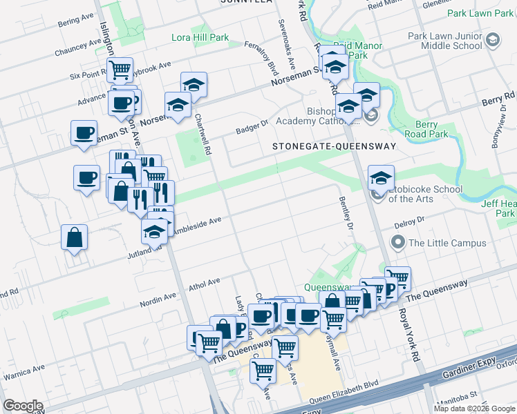 map of restaurants, bars, coffee shops, grocery stores, and more near Ambleside Avenue in Toronto