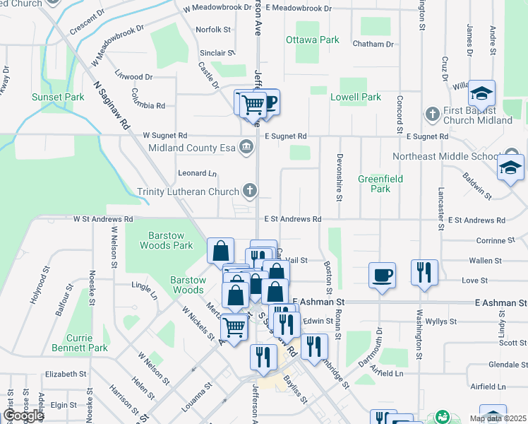 map of restaurants, bars, coffee shops, grocery stores, and more near 3606 Jefferson Avenue in Midland