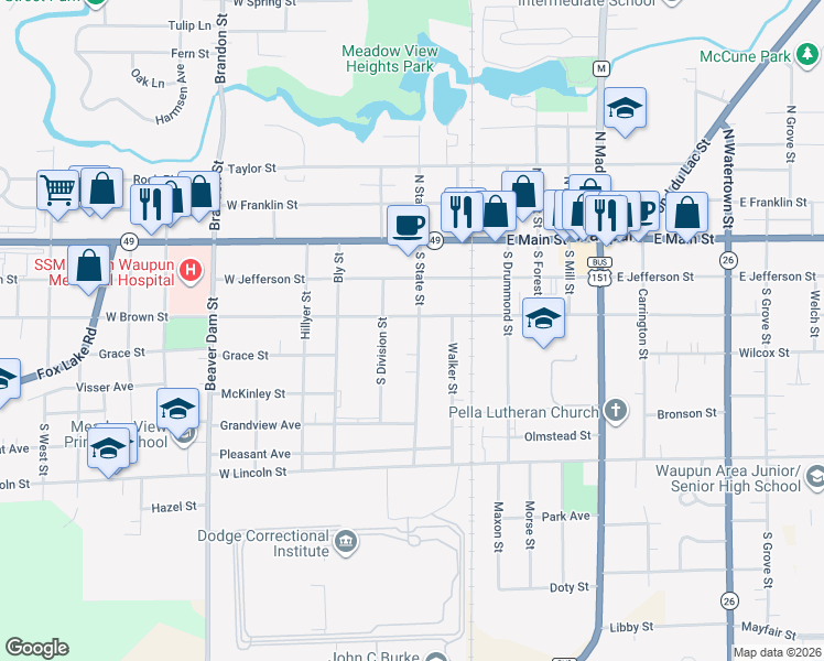 map of restaurants, bars, coffee shops, grocery stores, and more near 206 South State Street in Waupun