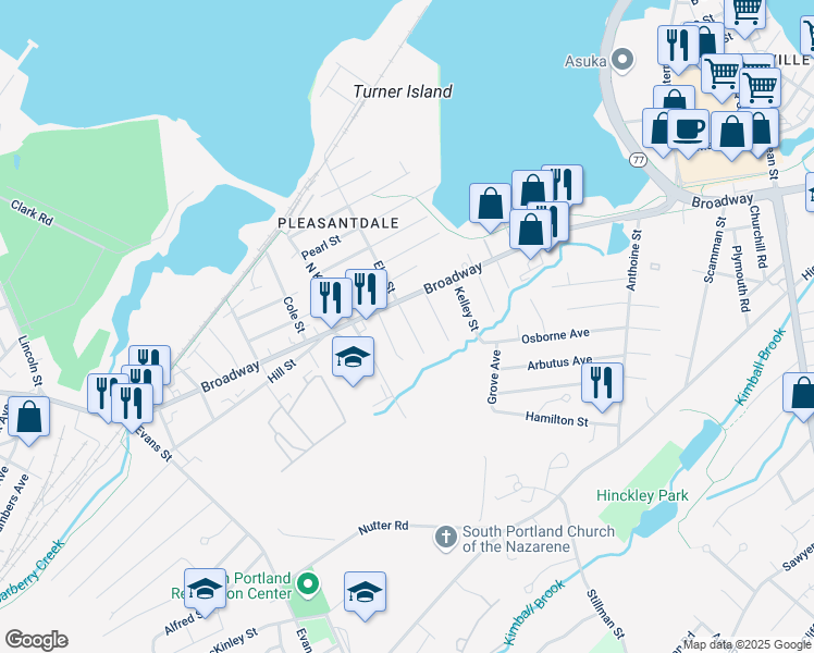 map of restaurants, bars, coffee shops, grocery stores, and more near 21 Valley Street in South Portland