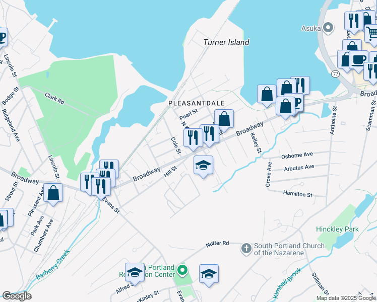 map of restaurants, bars, coffee shops, grocery stores, and more near 951 Broadway in South Portland