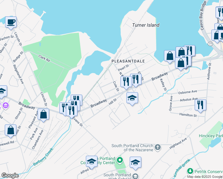 map of restaurants, bars, coffee shops, grocery stores, and more near 35 Reynolds Street in South Portland