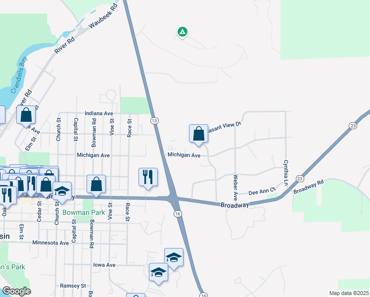 map of restaurants, bars, coffee shops, grocery stores, and more near 1325 Michigan Avenue in Wisconsin Dells