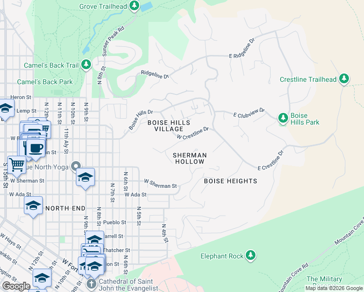 map of restaurants, bars, coffee shops, grocery stores, and more near 225 Summit Ridge Road in Boise