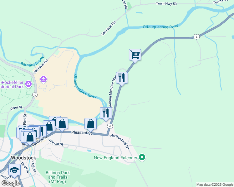 map of restaurants, bars, coffee shops, grocery stores, and more near 449 Woodstock Road in Woodstock