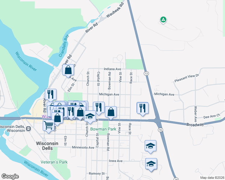 map of restaurants, bars, coffee shops, grocery stores, and more near 1011 Bowman Road in Wisconsin Dells