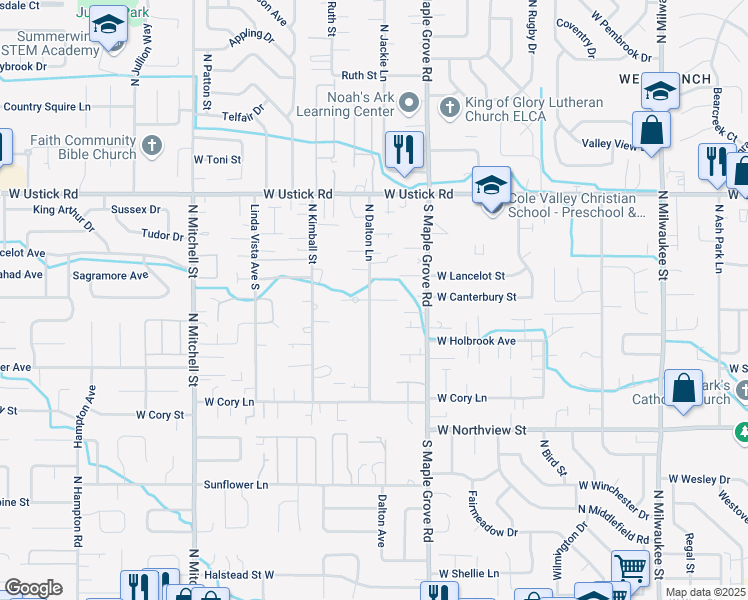 map of restaurants, bars, coffee shops, grocery stores, and more near 9191 West Kingsgate Court in Boise