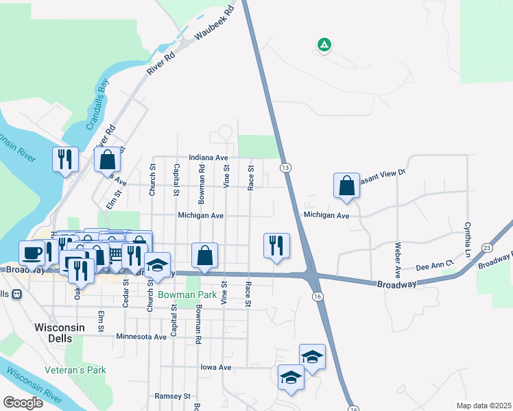 map of restaurants, bars, coffee shops, grocery stores, and more near 1012 Race Street in Wisconsin Dells